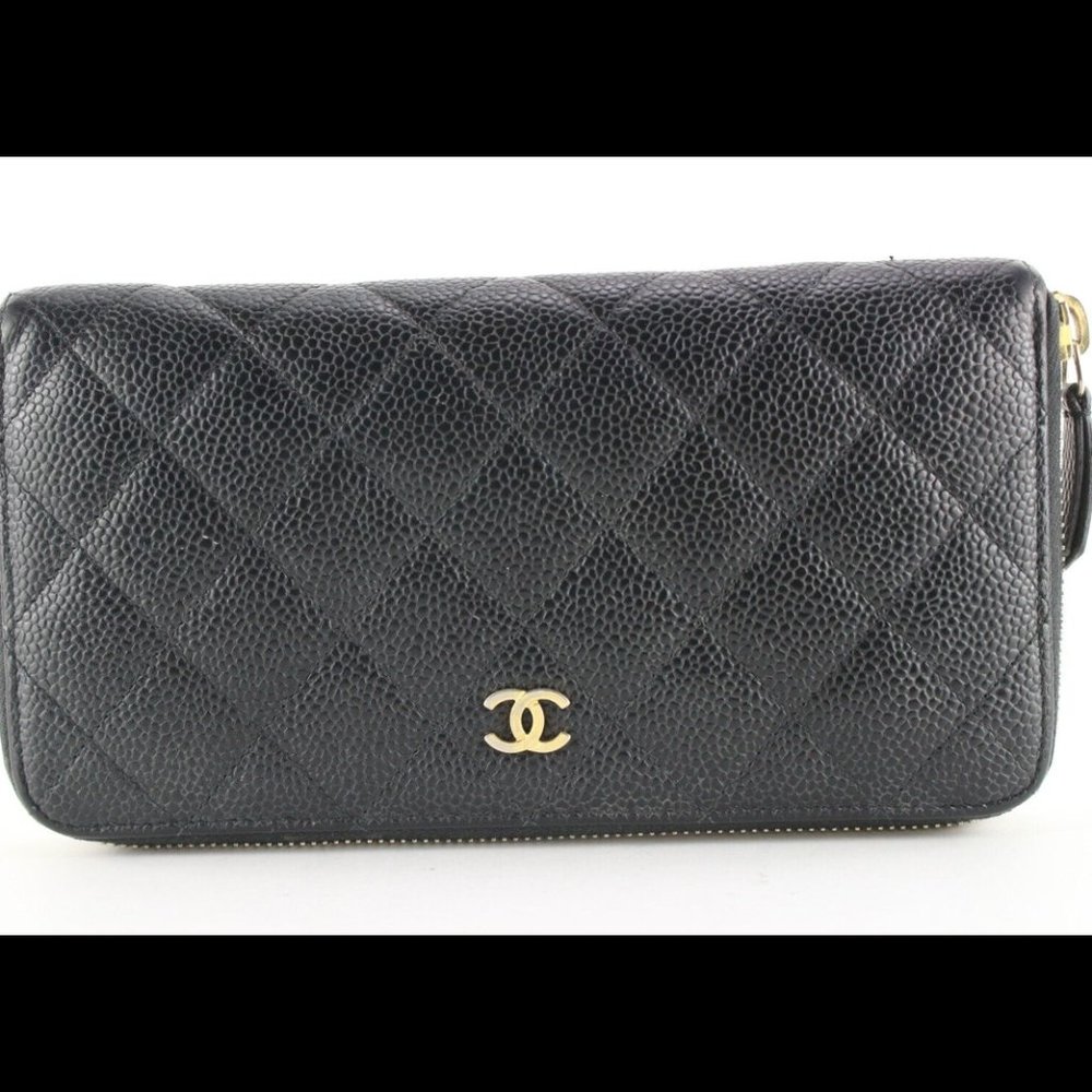Authentic Chanel Black Caviar Quilted L-Gusset Zipper Continental Wallet 2CC0123
